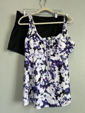 Purple Floral Lace-Up Swim Top with black boy shorts. 2XL